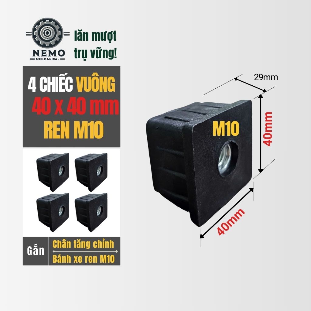 Nắp Chụp Thép Hộp Có Ren – Giải Pháp Lắp Chân Tăng Chỉnh & Bánh Xe Không Cần Hàn (M6, M8, M10)